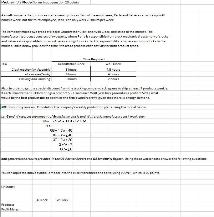  Problem 3's Model Solver input question 20 points A small company