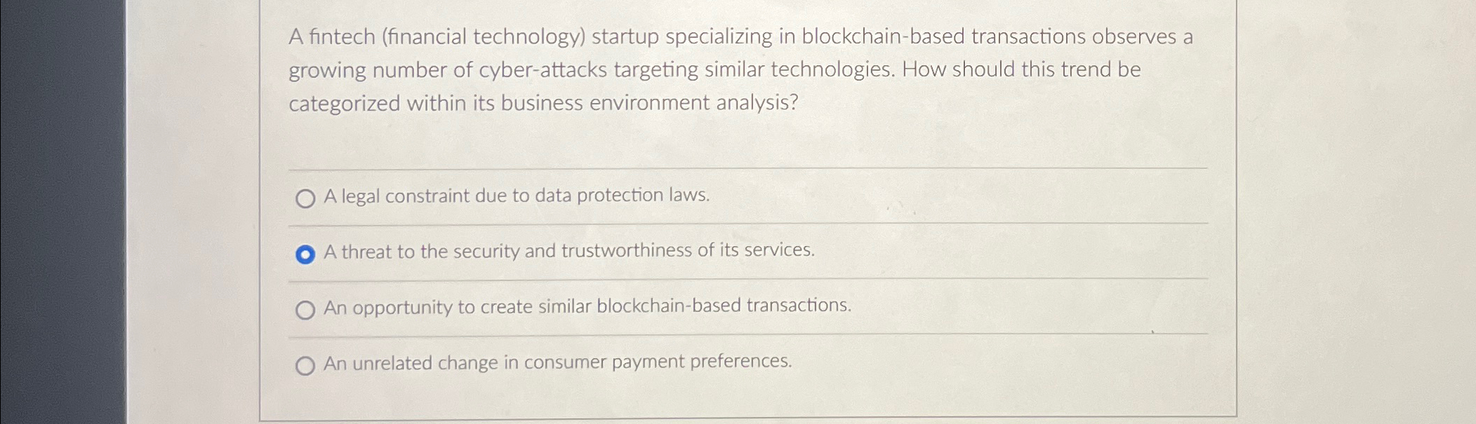 A fintech (financial technology) startup specializing in blockchain-based transactions observes a