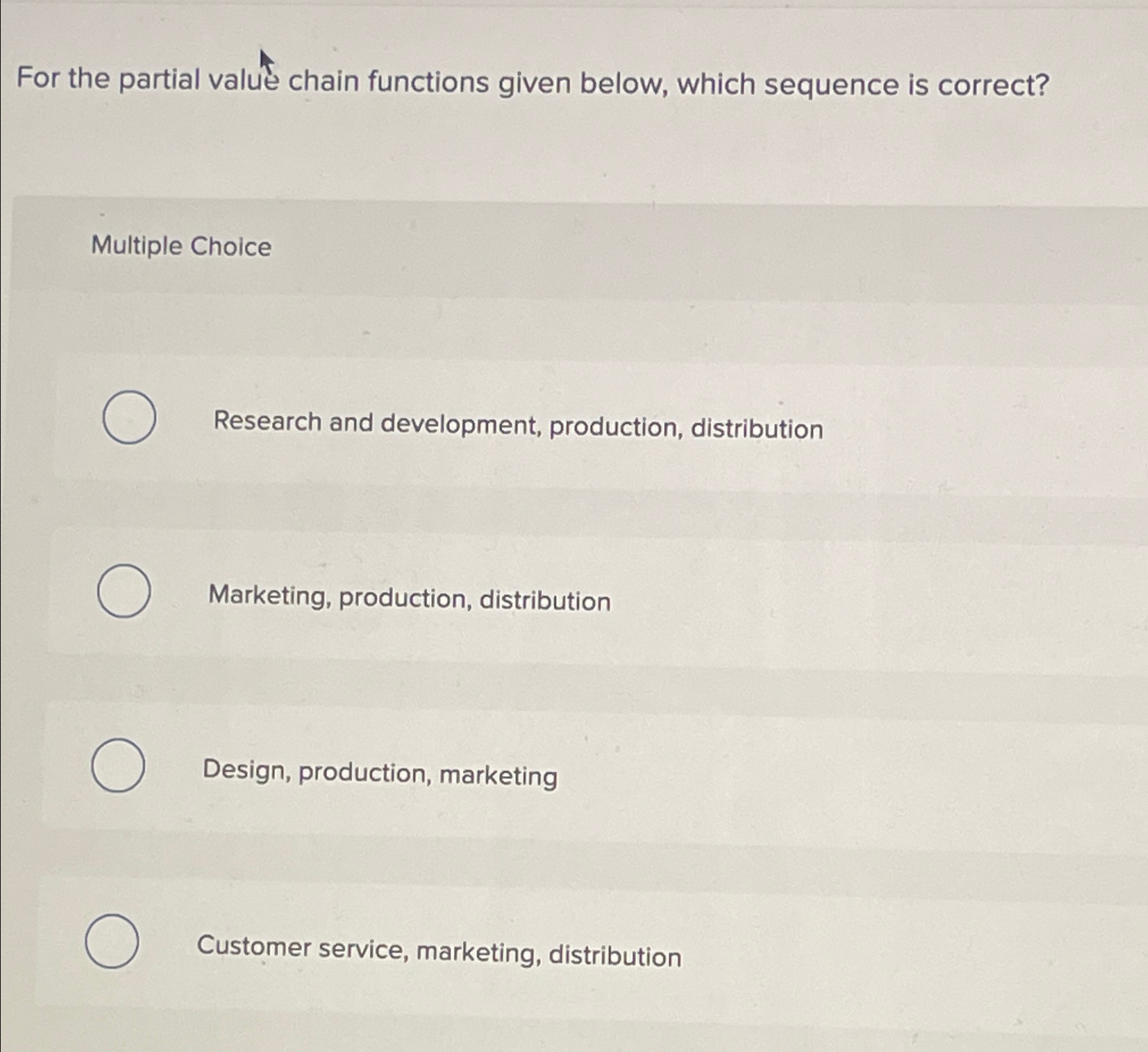  For the partial value chain functions given below, which sequence is
