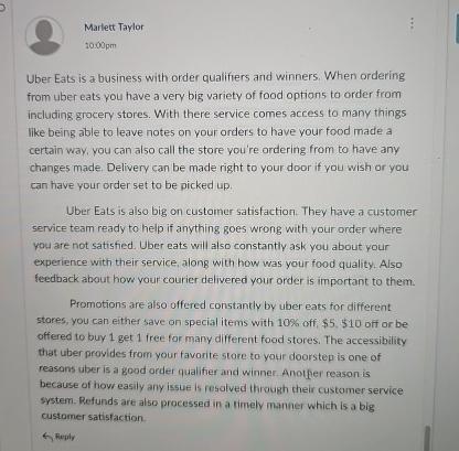  Marlett Taylor 10.00pm Uber Eats is a business with order qualifiers