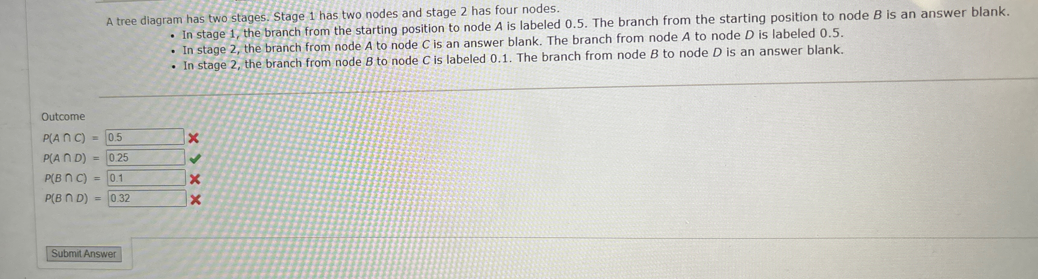  A tree diagram has two stages. Stage 1 has two nodes