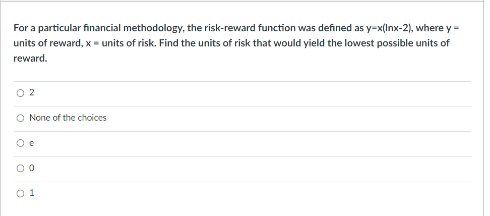  For a particular financial methodology, the risk-reward function was defined as