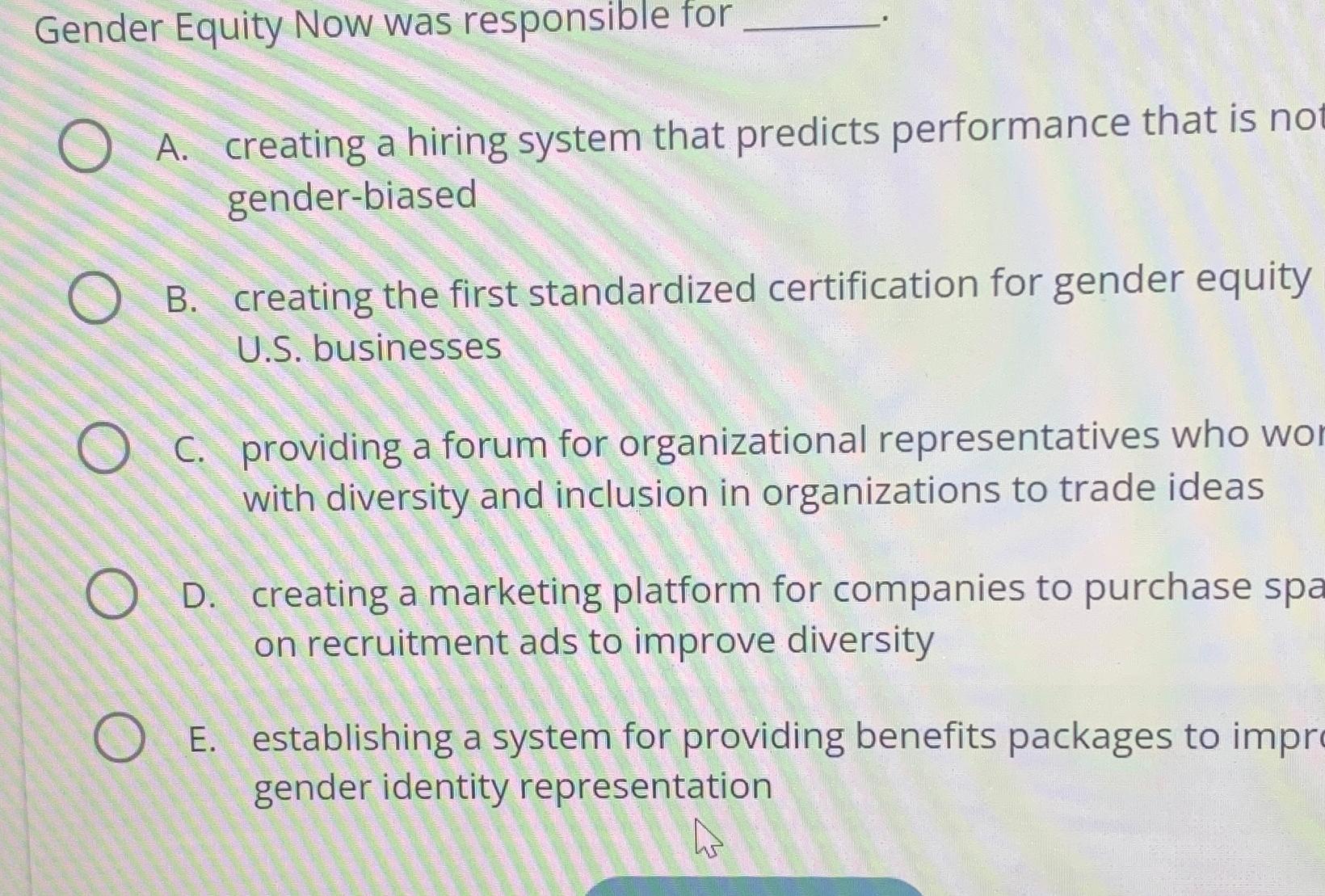  Gender Equity Now was responsible for A. creating a hiring system