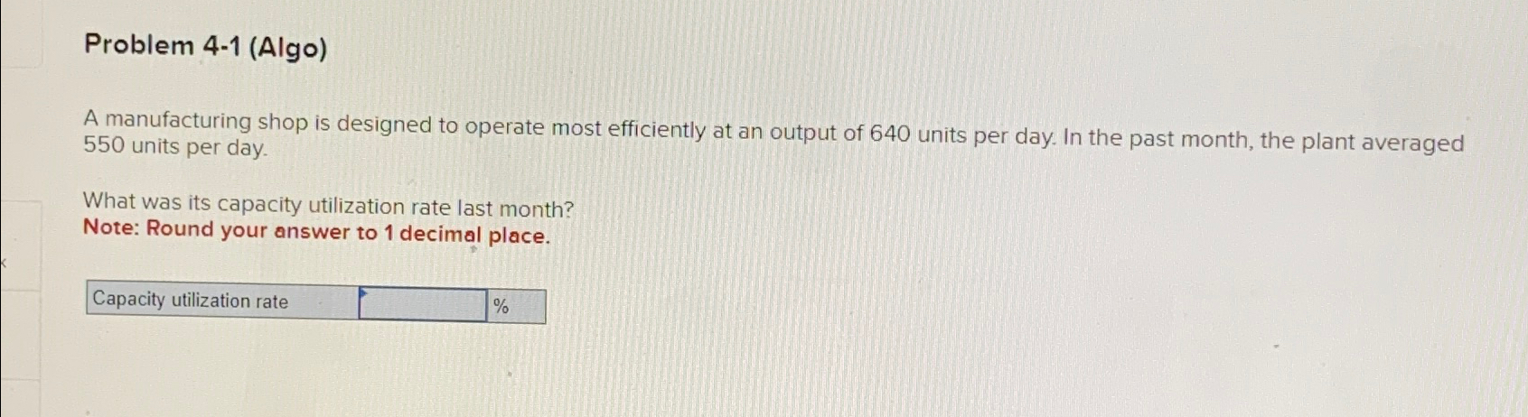  Problem 4-1(Algo) A manufacturing shop is designed to operate most efficiently