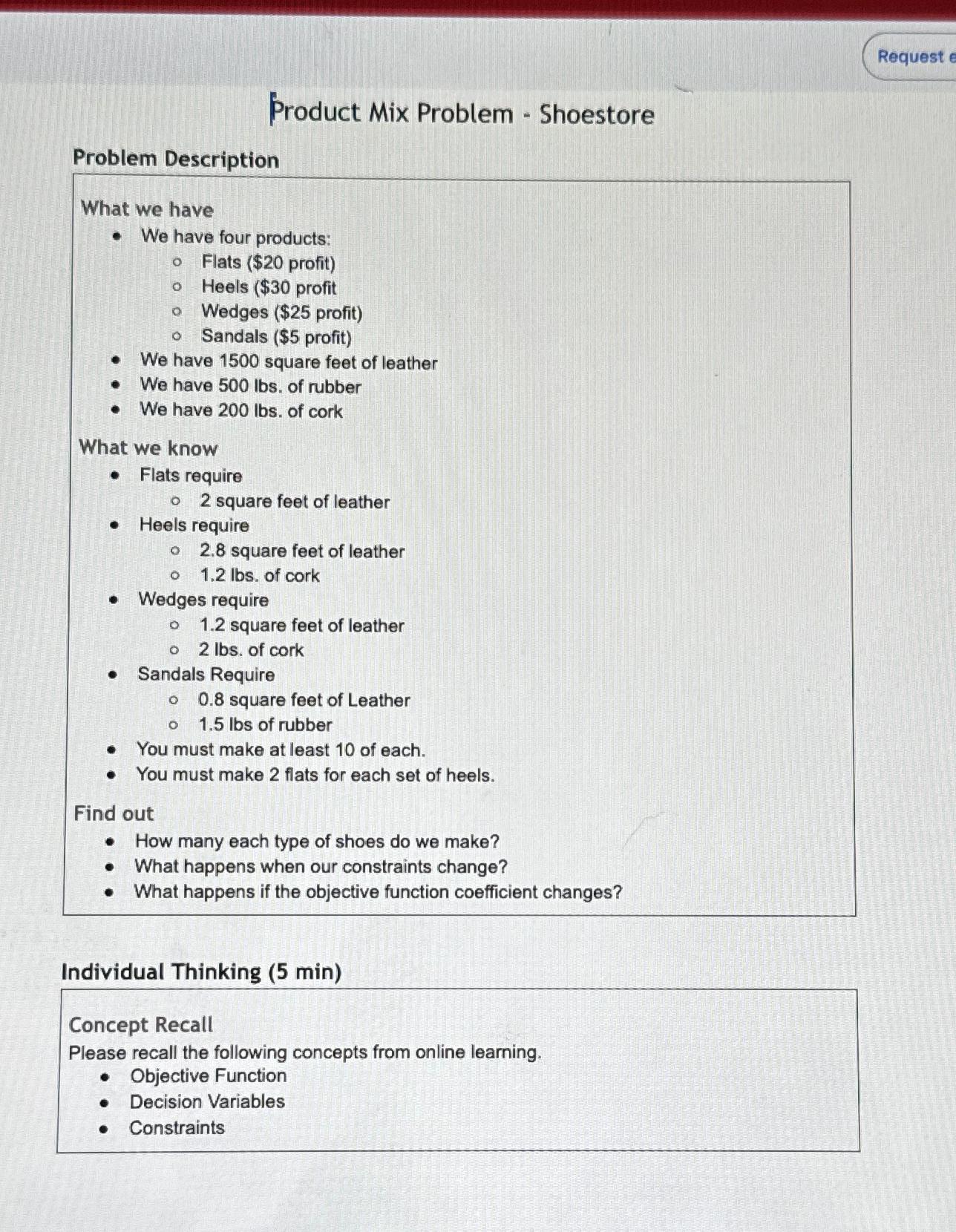  Request Product Mix Problem - Shoestore Problem Description What we have