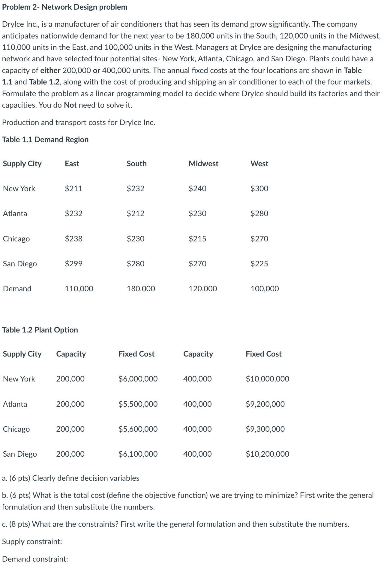  please! Problem 2- Network Design problem Drylce Inc., is a manufacturer