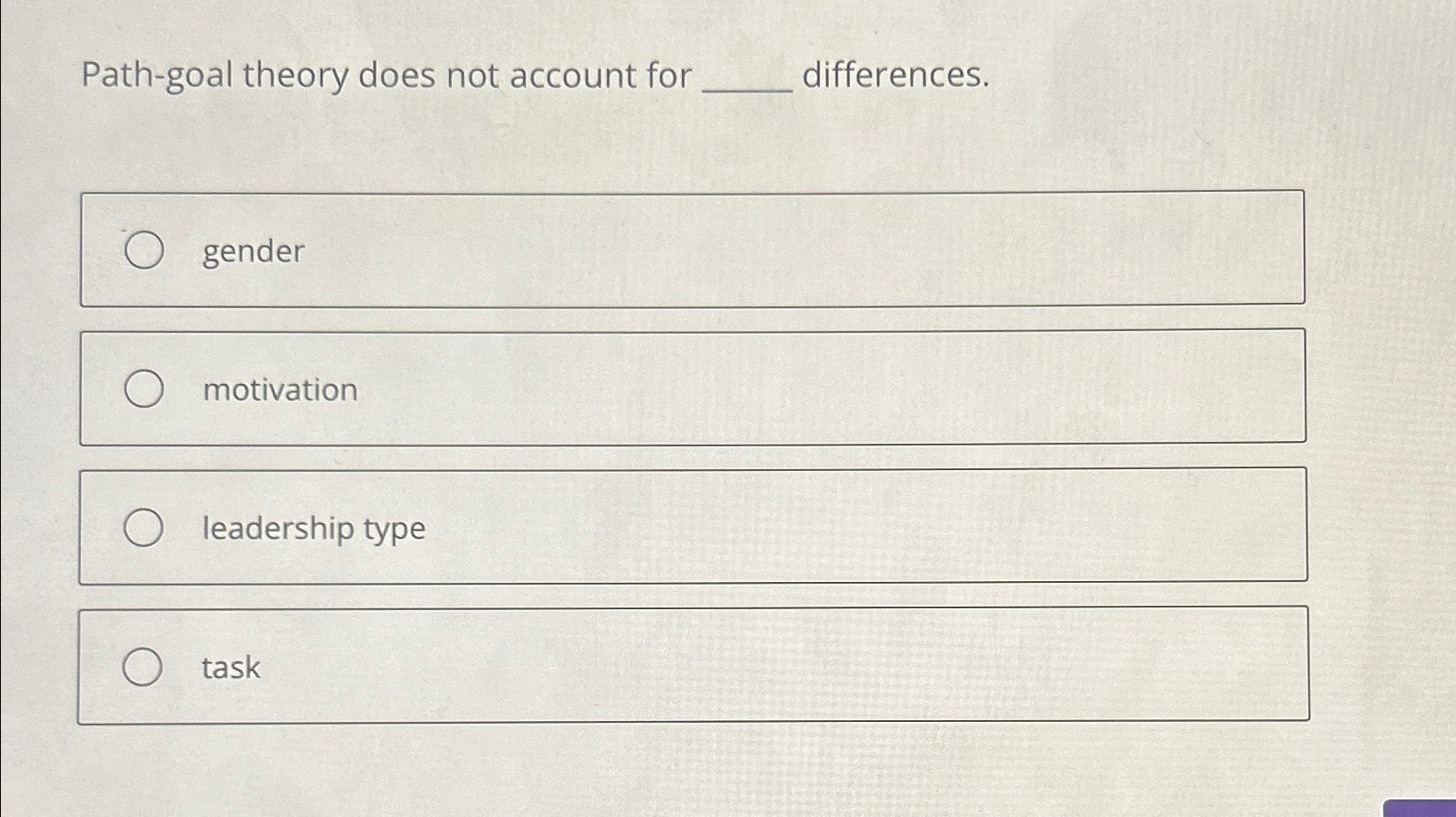 Path-goal theory does not account for differences. gender motivation leadership type