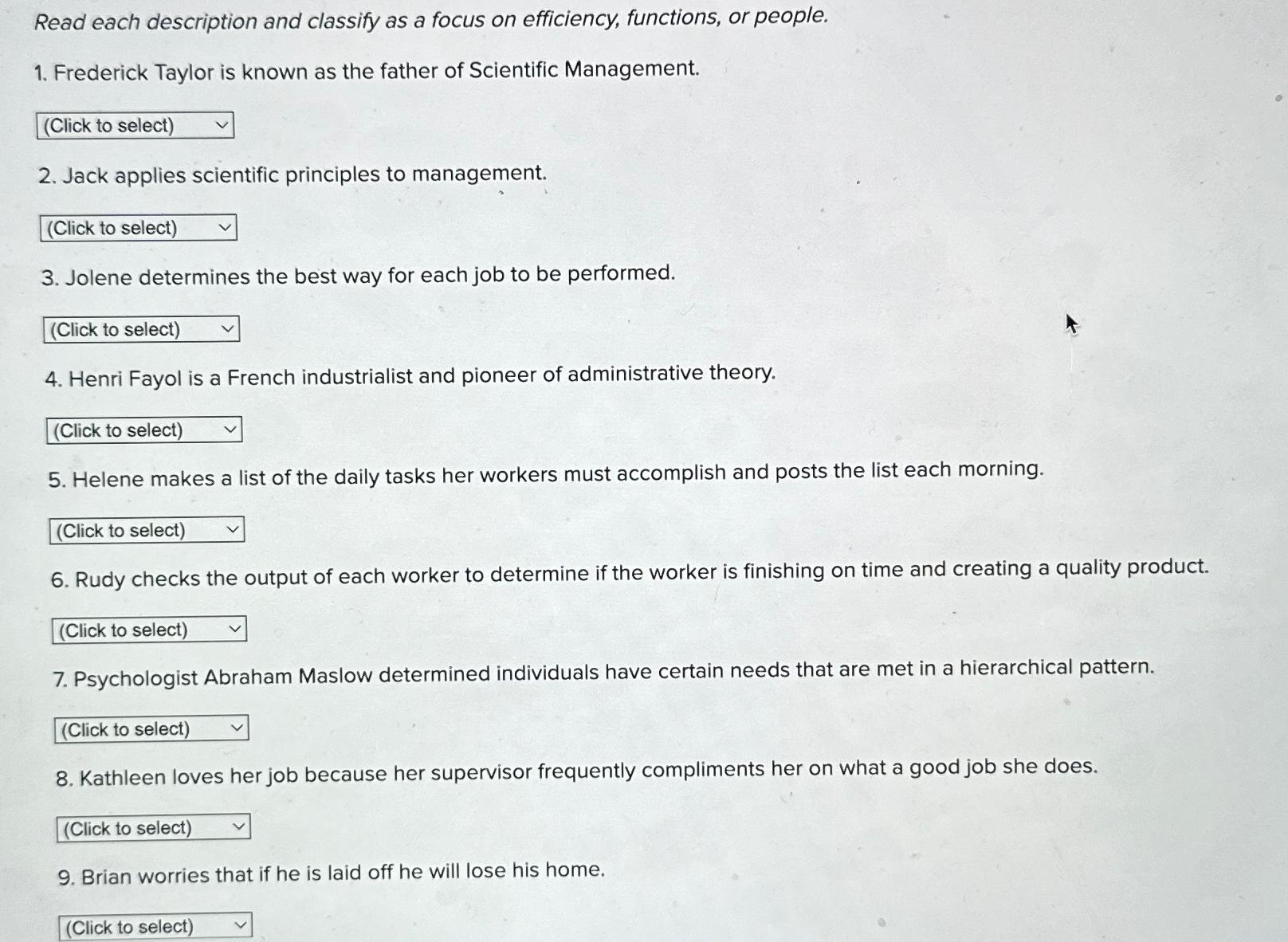  Read each description and classify as a focus on efficiency, functions,