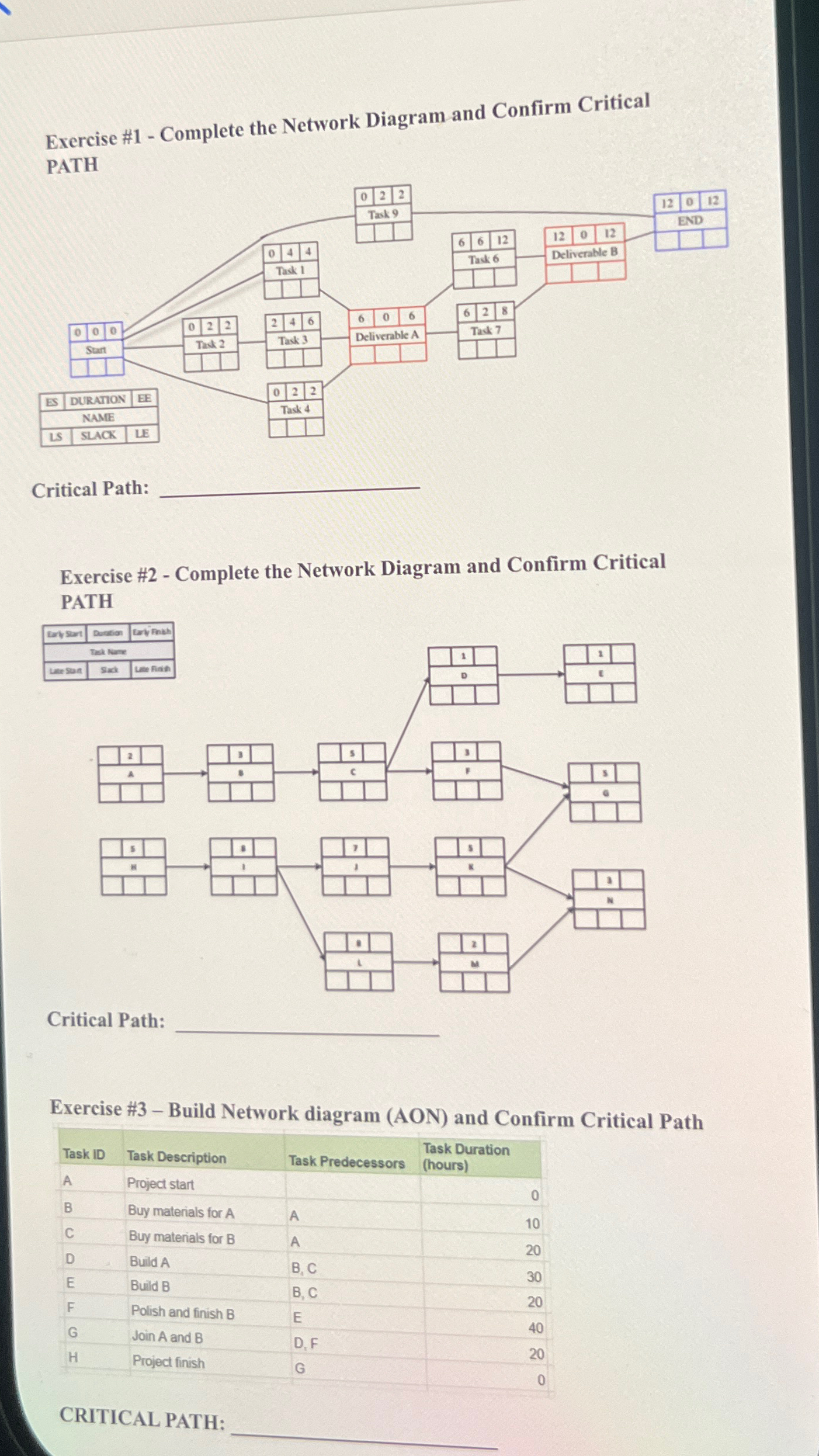  Exercise #1- Complete the Network Diagram and Confirm Critical Critical Yatn: