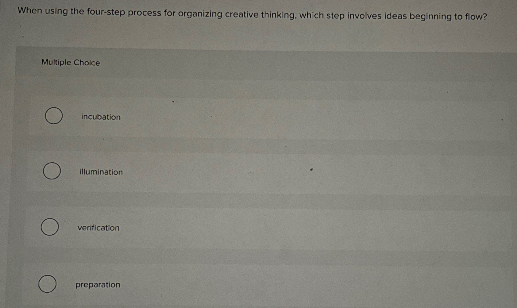  When using the four-step process for organizing creative thinking, which step