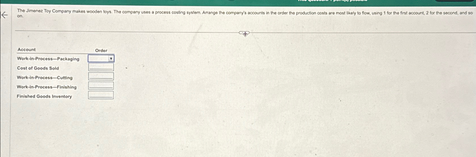  on. Account Order Work-in-Process-Packaging Cost of Goods Sold Work-in-Process-Cutting Work-in-Process-Finishing Finished