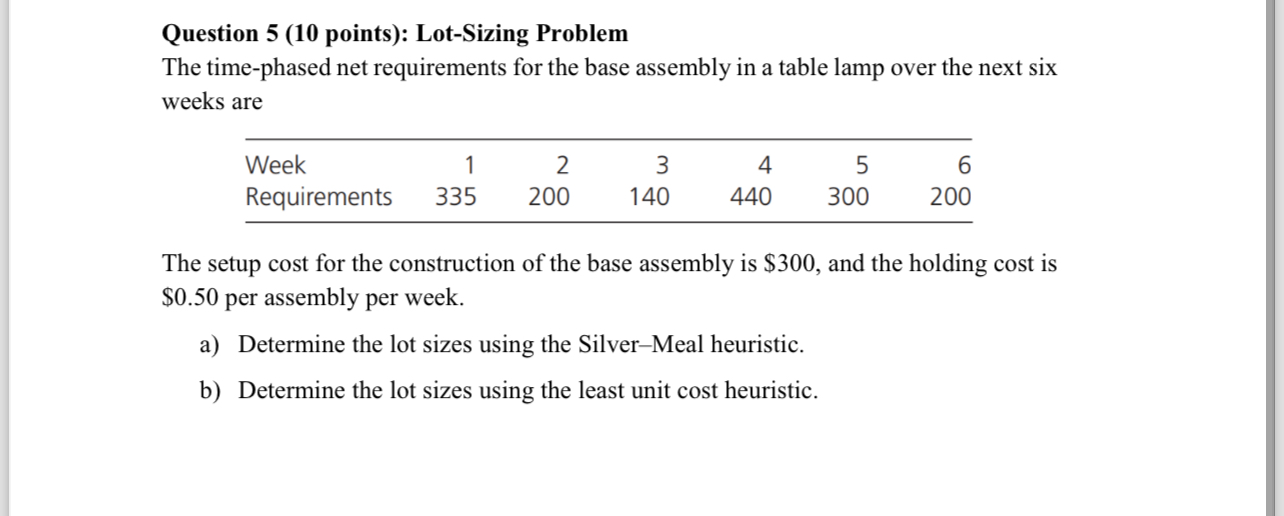  Question 5(10 points): Lot-Sizing Problem The time-phased net requirements for the