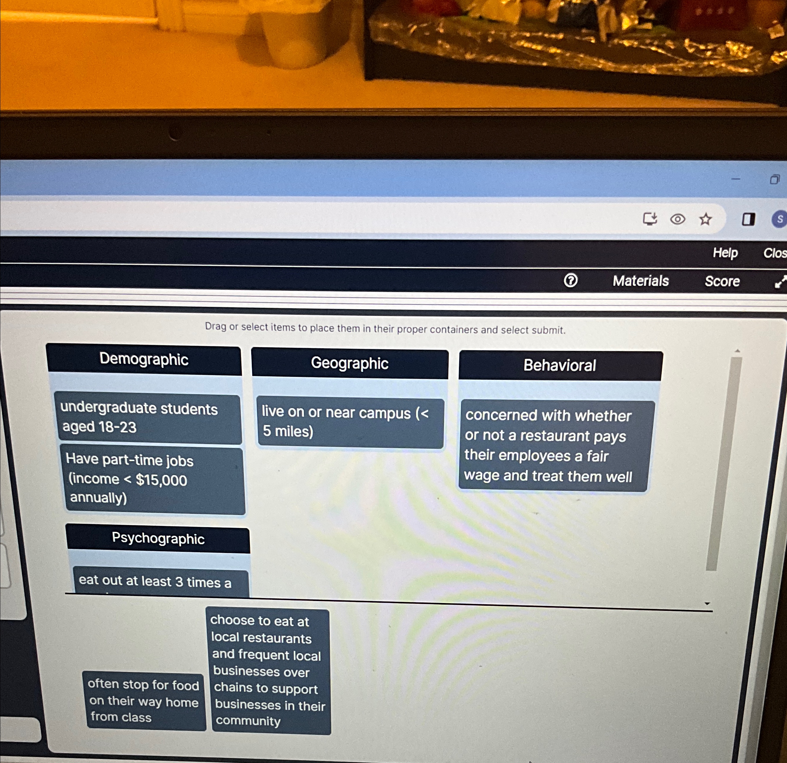  Drag or select items to place them in their proper containers