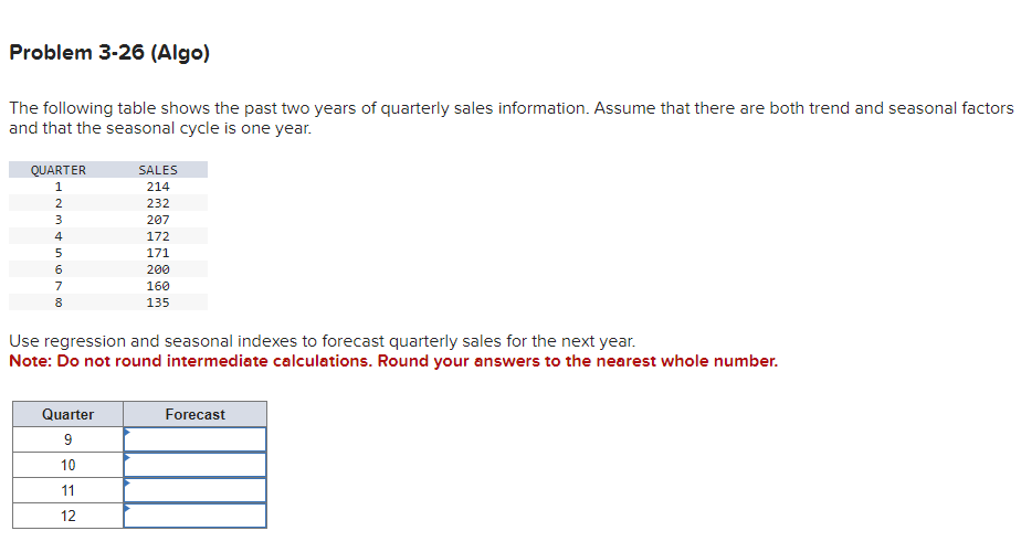  Problem 3-26(Algo) The following table shows the past two years of