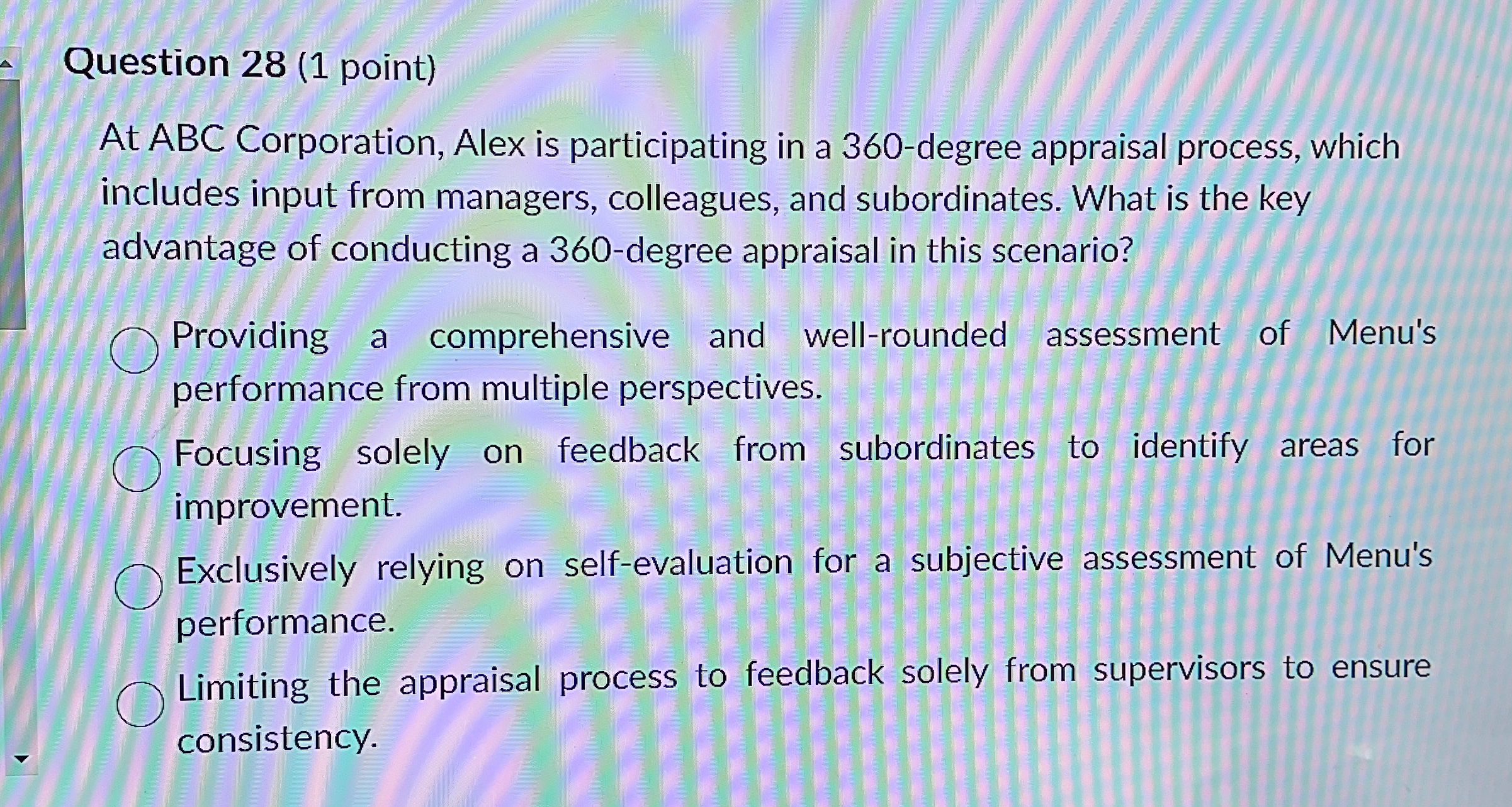  Question 28(1 point) At ABC Corporation, Alex is participating in a