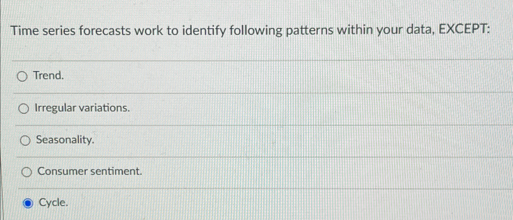  Time series forecasts work to identify following patterns within your data,