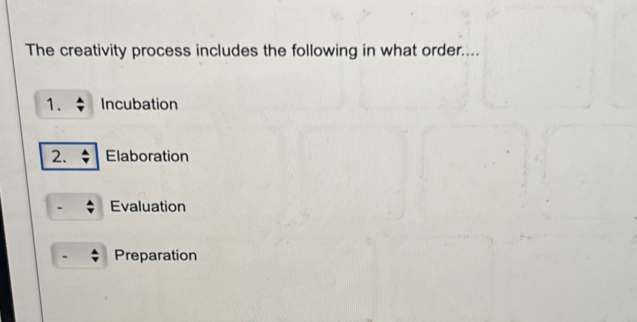  The creativity process includes the following in what order.... Incubation Elaboration