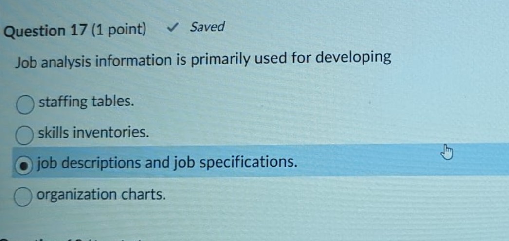 Question 17(1 point) Job analysis information is primarily used for developing