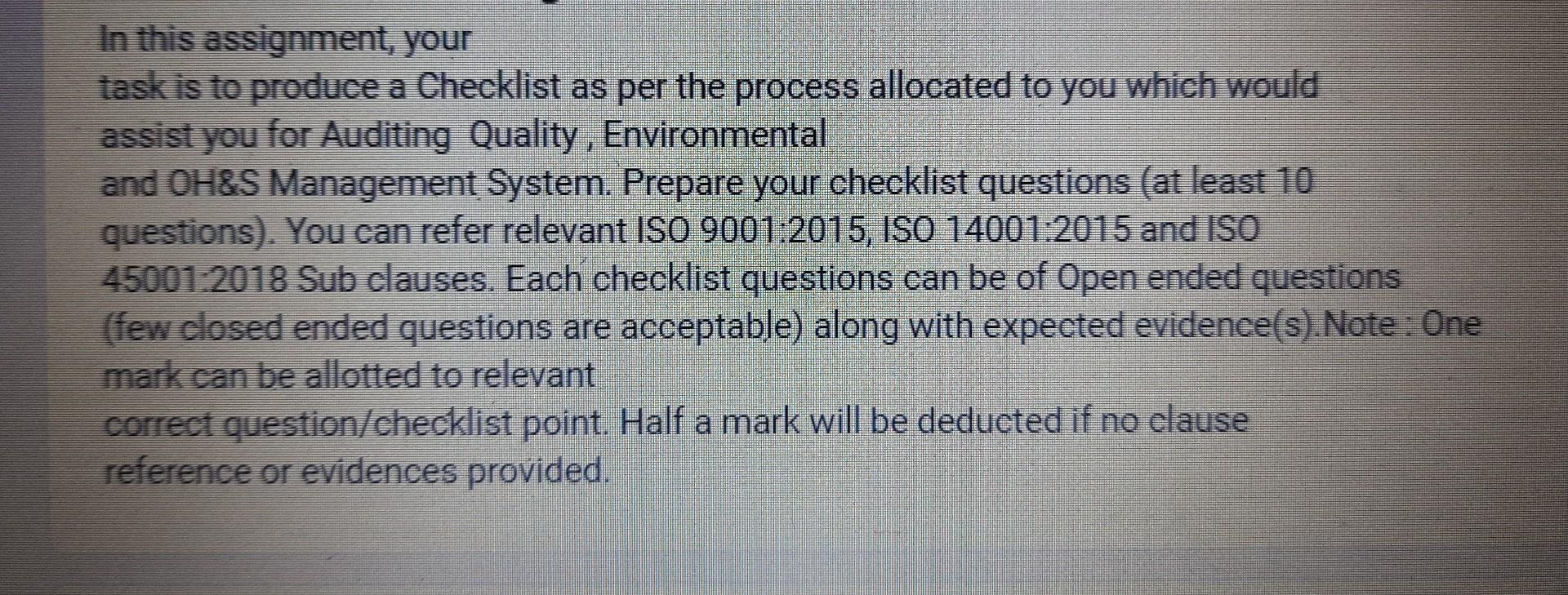  In this assignment, your task is to produce a Checklist as