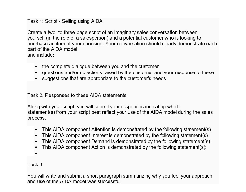  Task 1: Script - Selling using AIDA Create a two- to