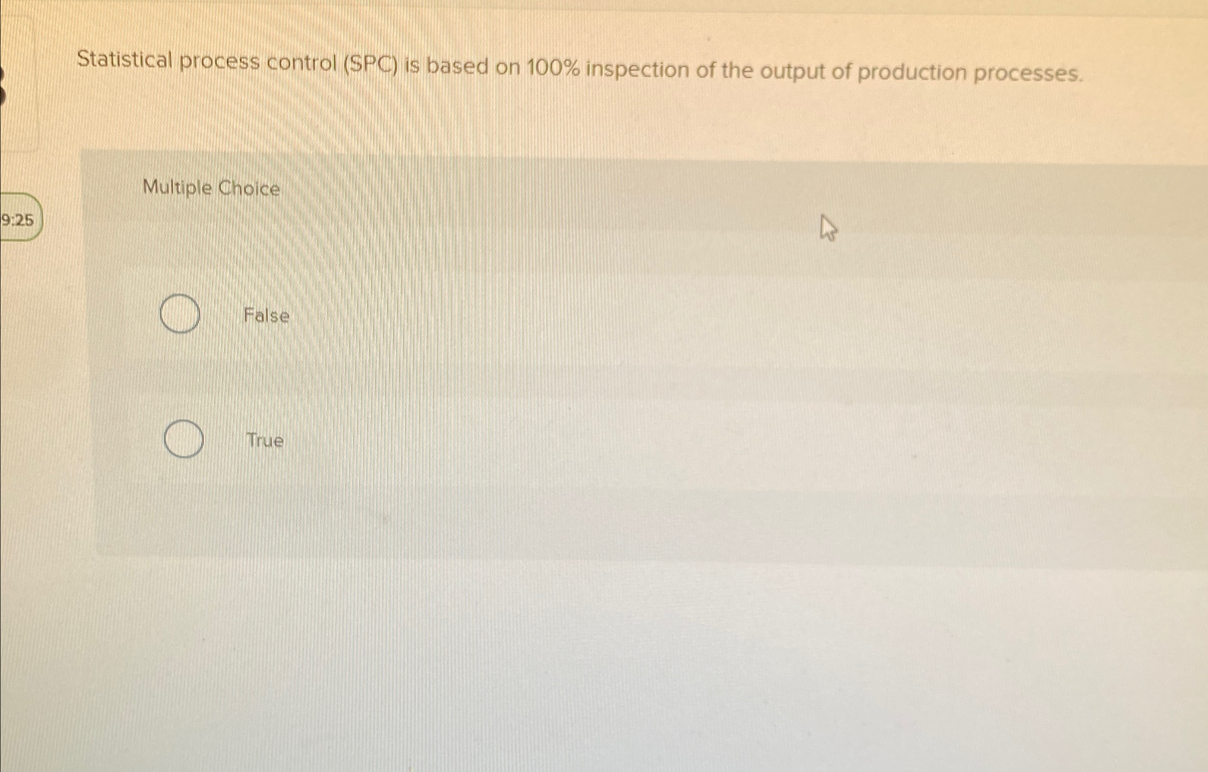  Statistical process control (SPC) is based on 100% inspection of the