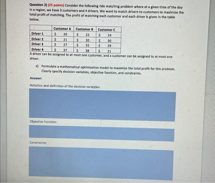  Question 2) (25 points) Consider the following ride matching problem where