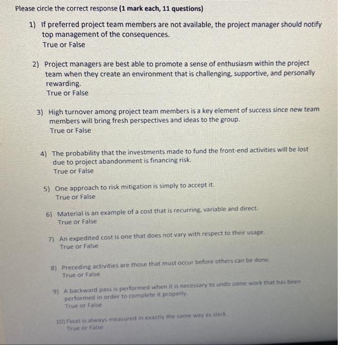  ase circle the correct response ( 1 mark each, 11 questions)