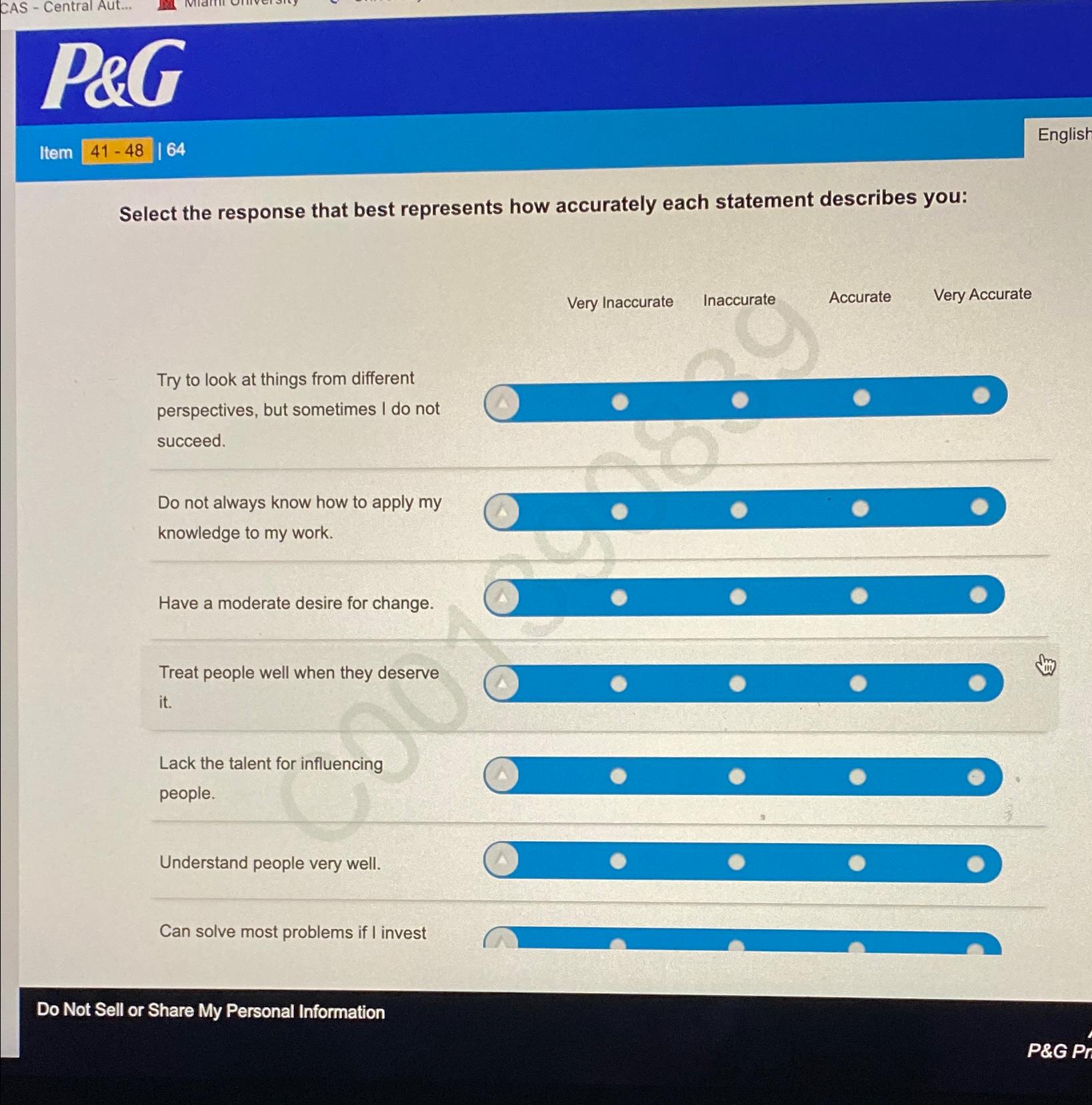  Item 41-48,64 Select the response that best represents how accurately each