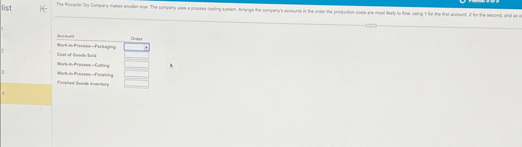  \table[[Account,Order],[Work-in-Process-Packaging,],[Cost of Goods Sold,],[Work-in-Process-Cutting,],[Work-in-Process-Finishing,],[Finished Goods Inventory,],[,]] 