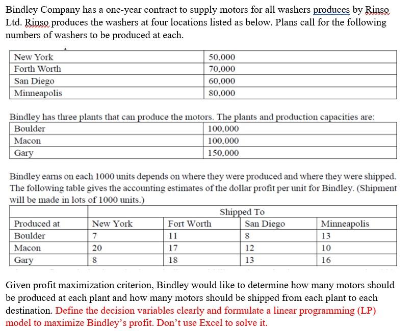 DO NOT USE EXCEL!! DO NOT USE EXCEL!! Bindley Company has a