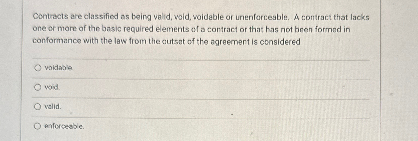  Contracts are classified as being valid, void, voidable or unenforceable. A