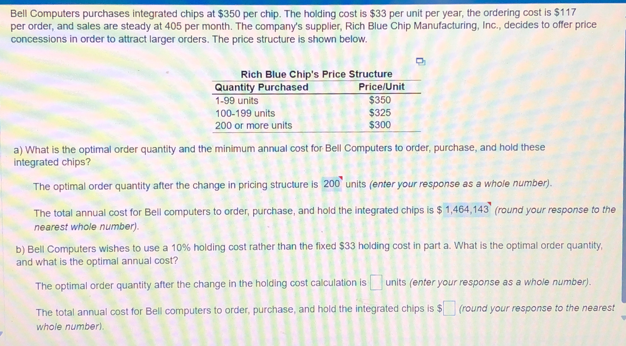  Bell Computers purchases integrated chips at $350 per chip. The holding