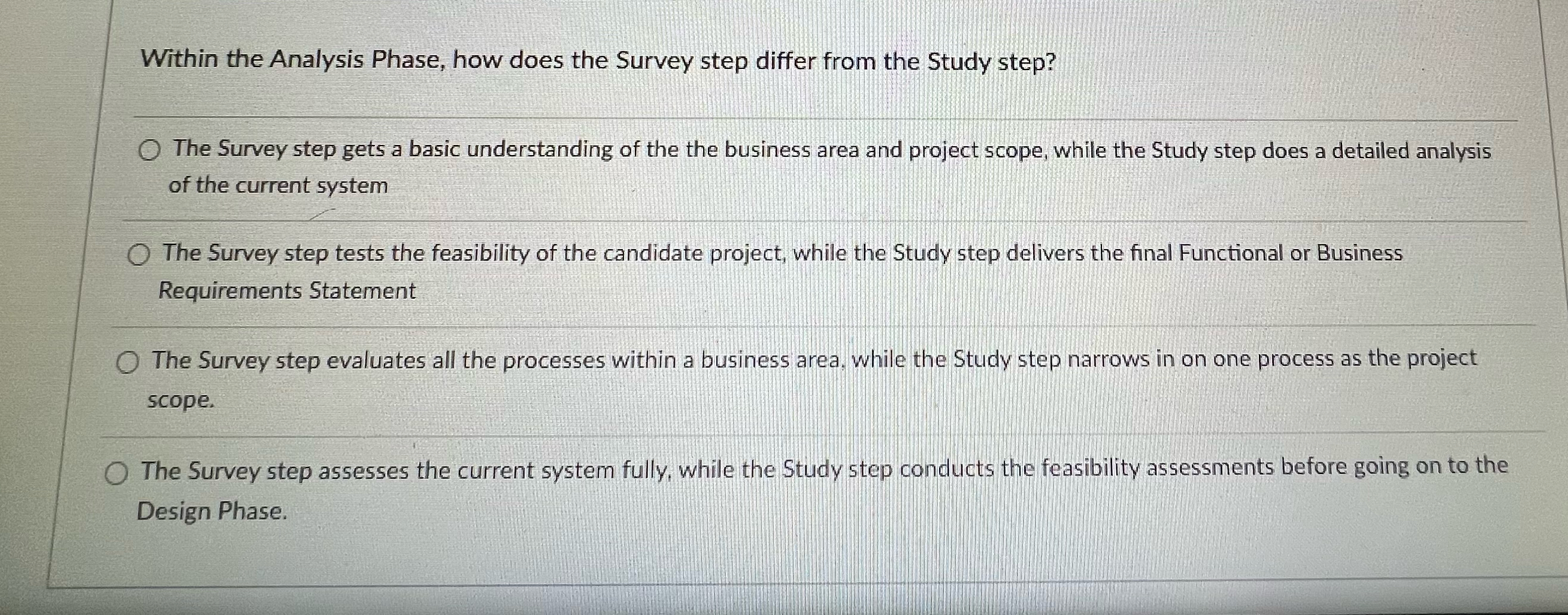  Within the Analysis Phase, how does the Survey step differ from
