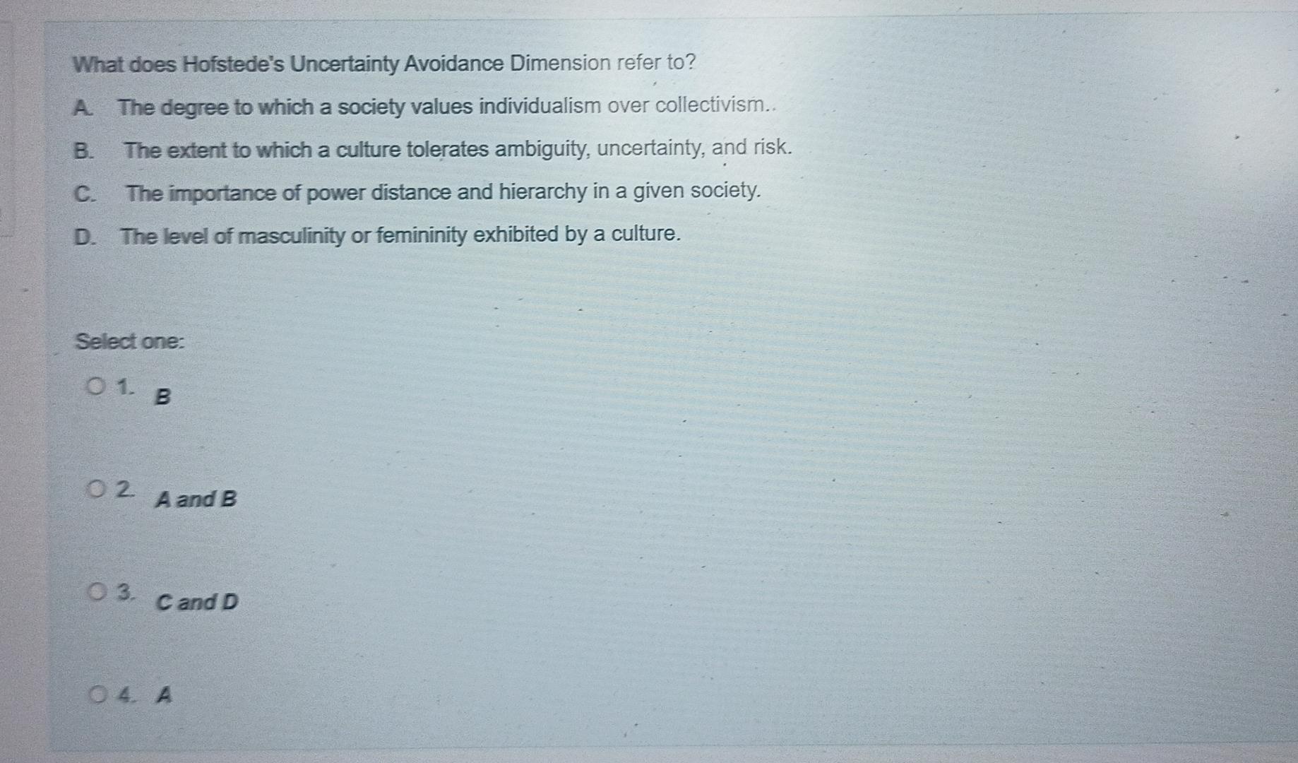  What does Hofstede's Uncertainty Avoidance Dimension refer to? A. The degree