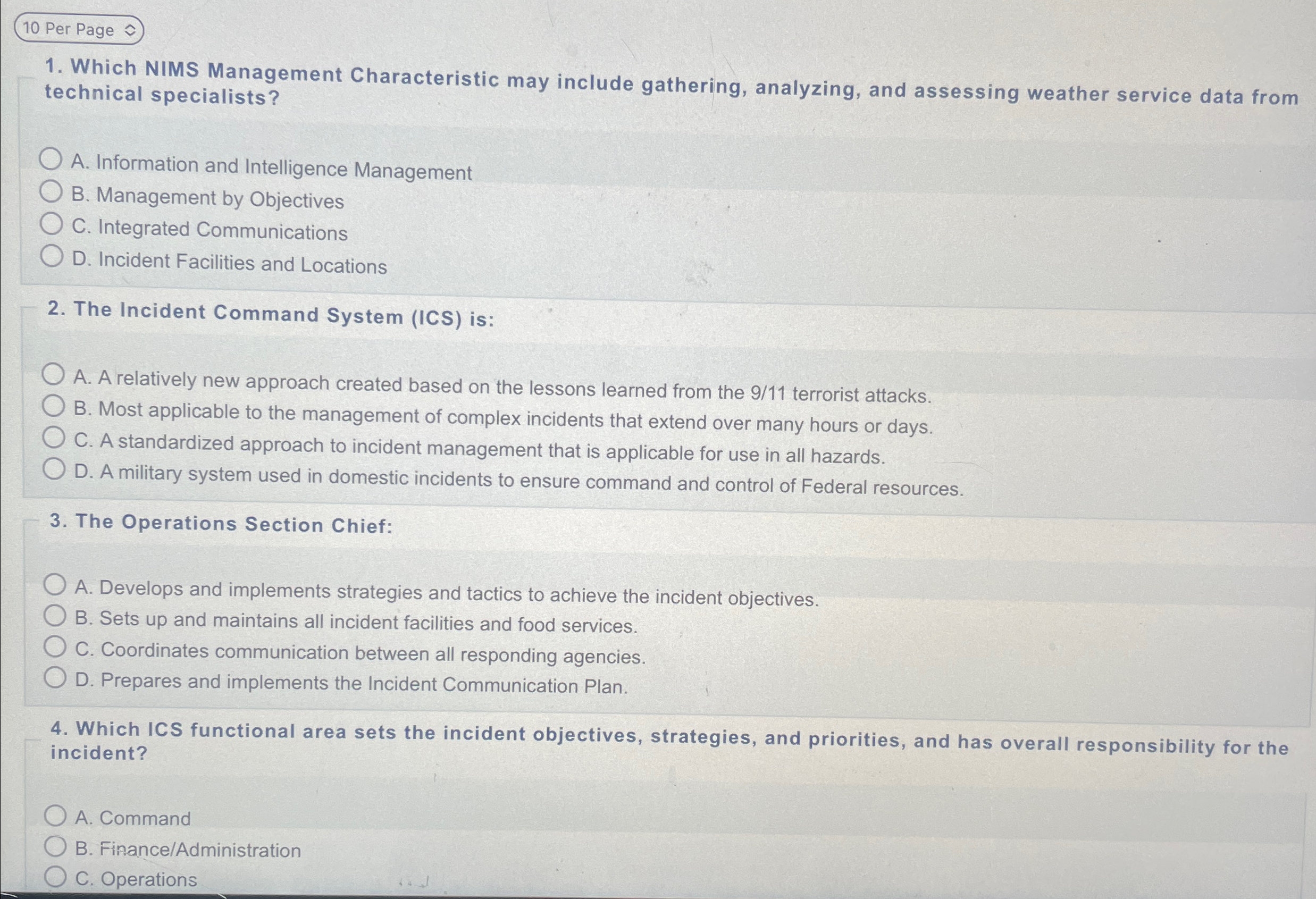  10 Per Page Which NIMS Management Characteristic may include gathering, analyzing,