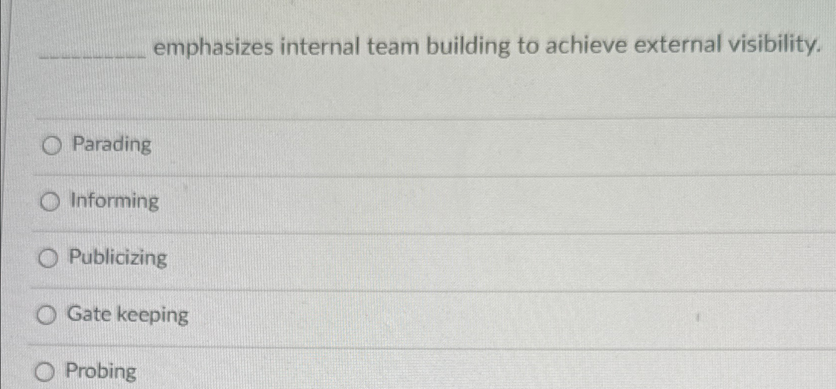  emphasizes internal team building to achieve external visibility. Parading Informing Publicizing