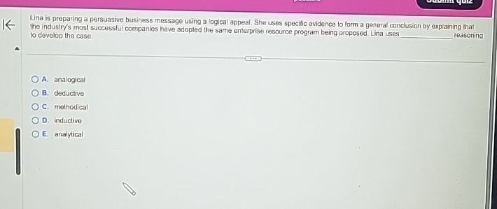  Lina is preparing a persuasive business message using a logical appeal.