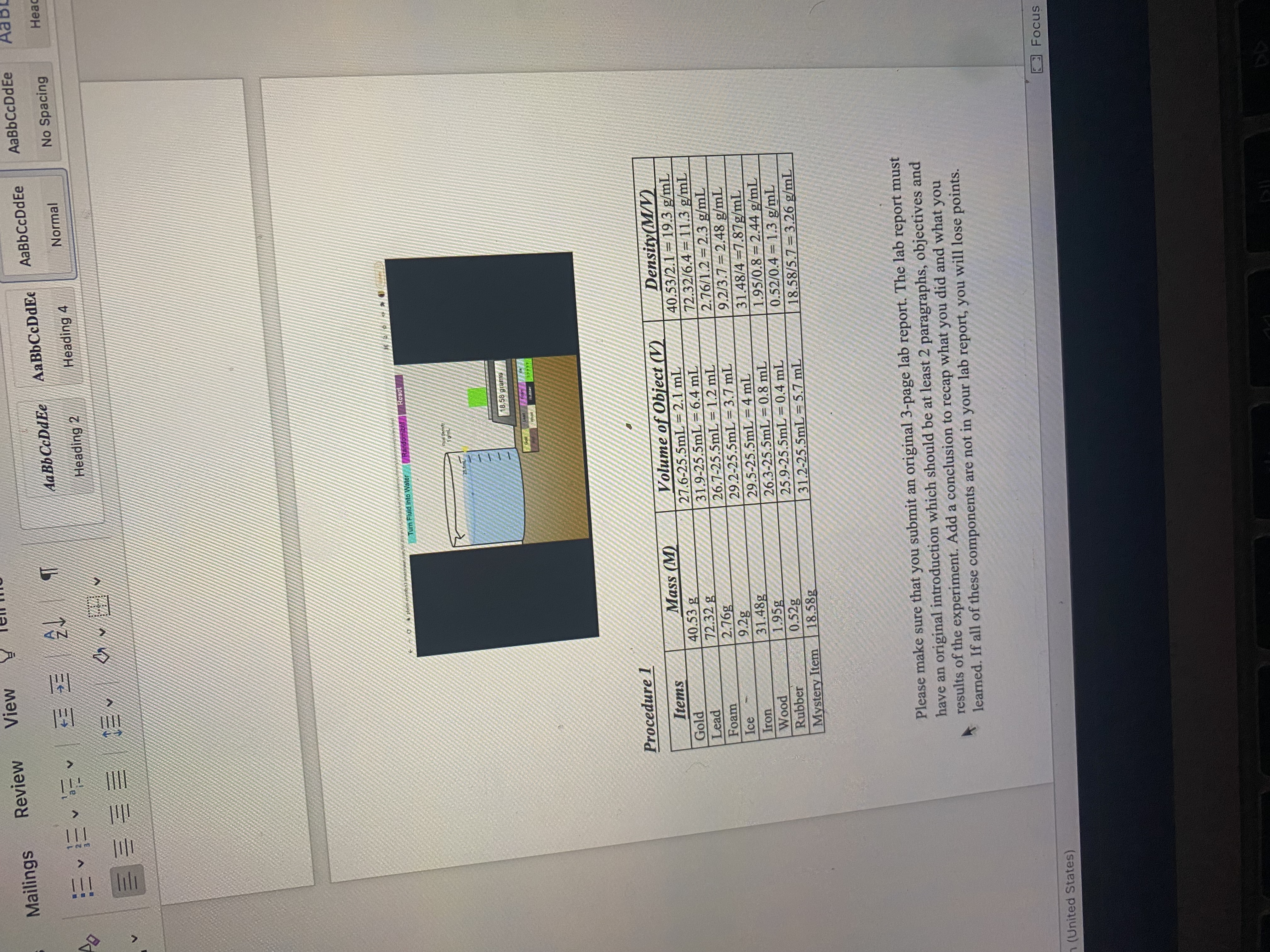  Create a lab report using the following chart include in the