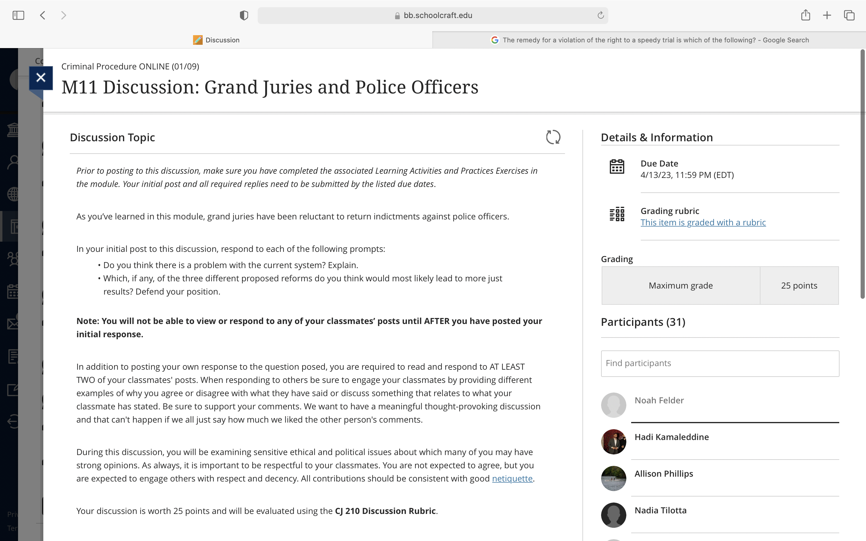 Priv Ter D < > Co Criminal Procedure ONLINE (01/09) Discussion bb.schoolcraft.edu