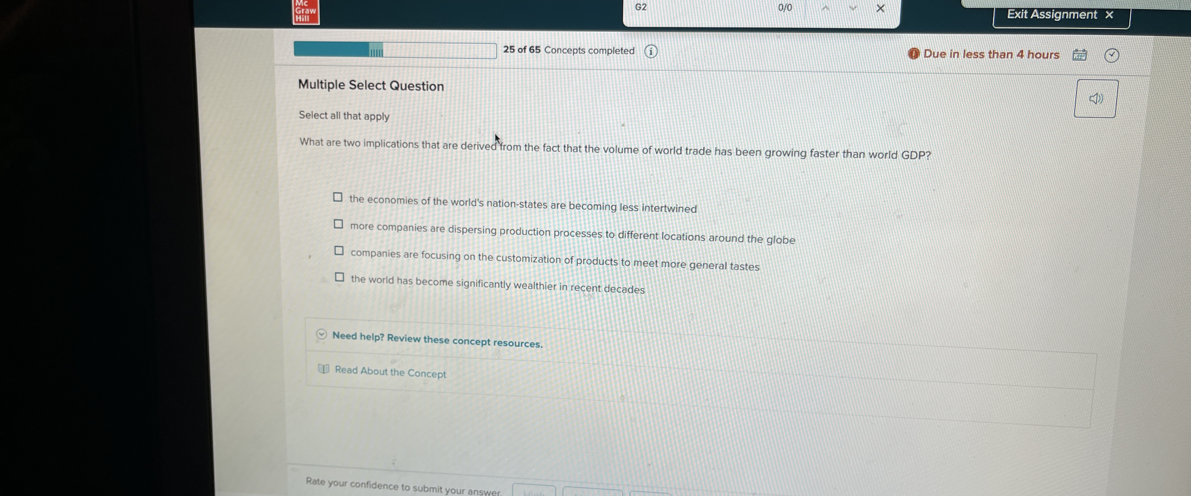  Exit Assignment x 25 of 65 Concepts completed (i) Due in