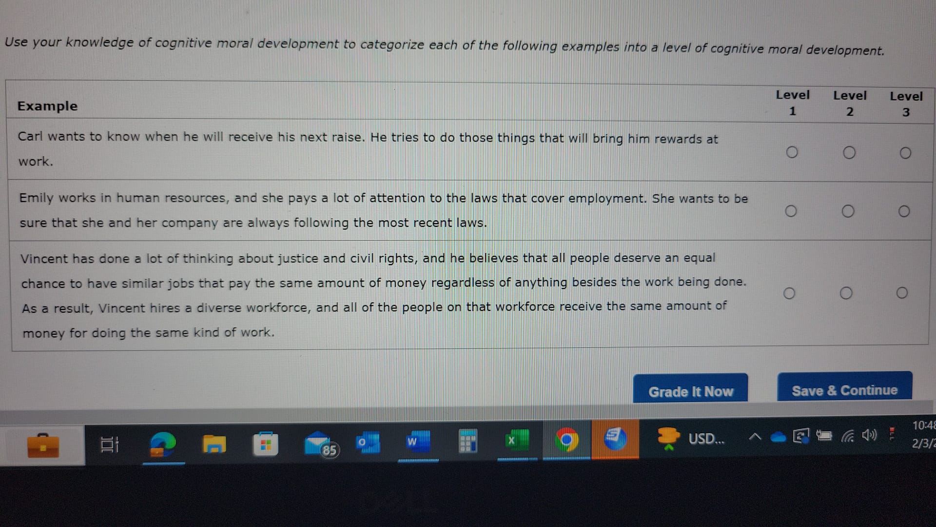  Use your knowledge of cognitive moral development to categorize each of