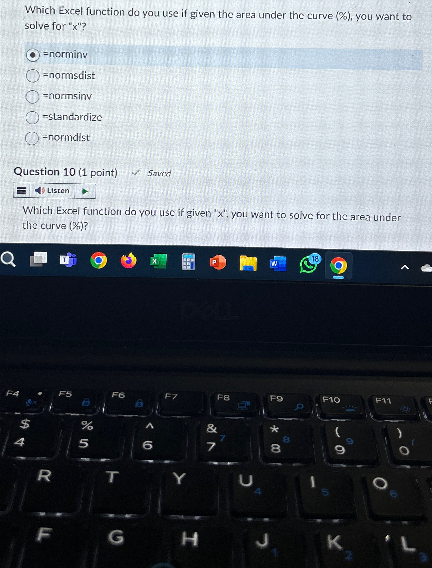  Which Excel function do you use if given the area under