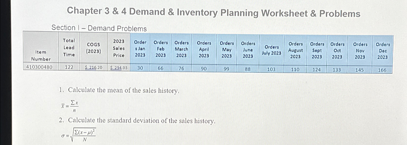  Chapter 3 & 4 Demand & Inventory Planning Worksheet & Problems