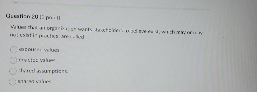  Question 20(1 point) Values that an organization wants stakeholders to believe