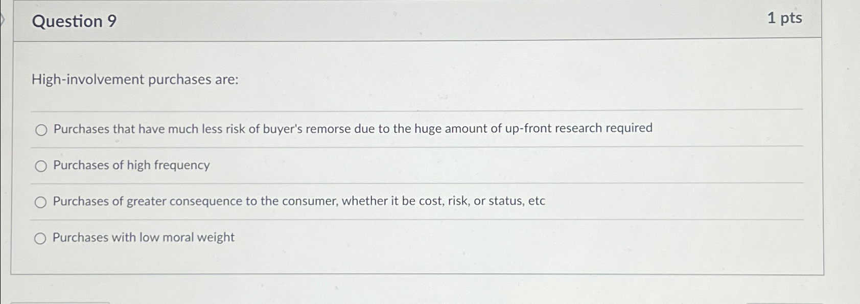  Question 9 1 pts High-involvement purchases are: Purchases that have much
