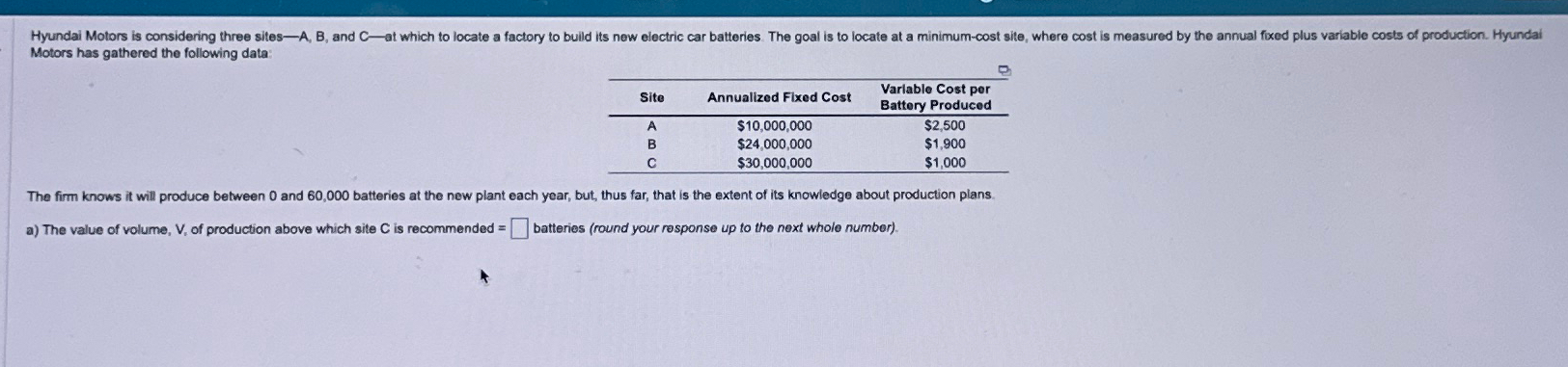  Motors has gathered the following data: \table[[Site,Annualized Fixed Cost,\table[[Varlable Cost per],[Battery