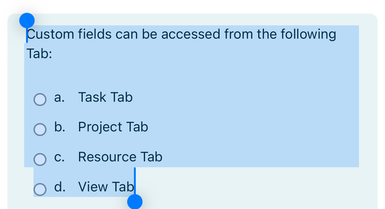  Custom fields can be accessed from the following Tab: a. Task