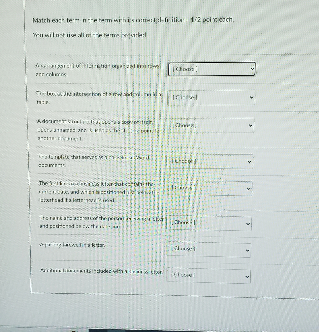  Match each term in the term with its correct definition -1/2