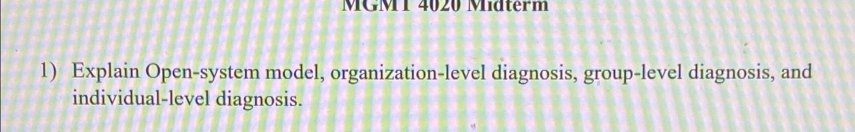  Explain Open-system model, organization-level diagnosis, group-level diagnosis, and individual-level diagnosis. 