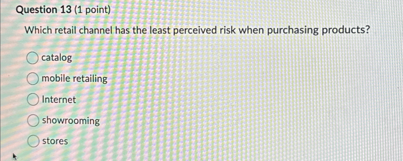 Question 13(1 point) Which retail channel has the least perceived risk